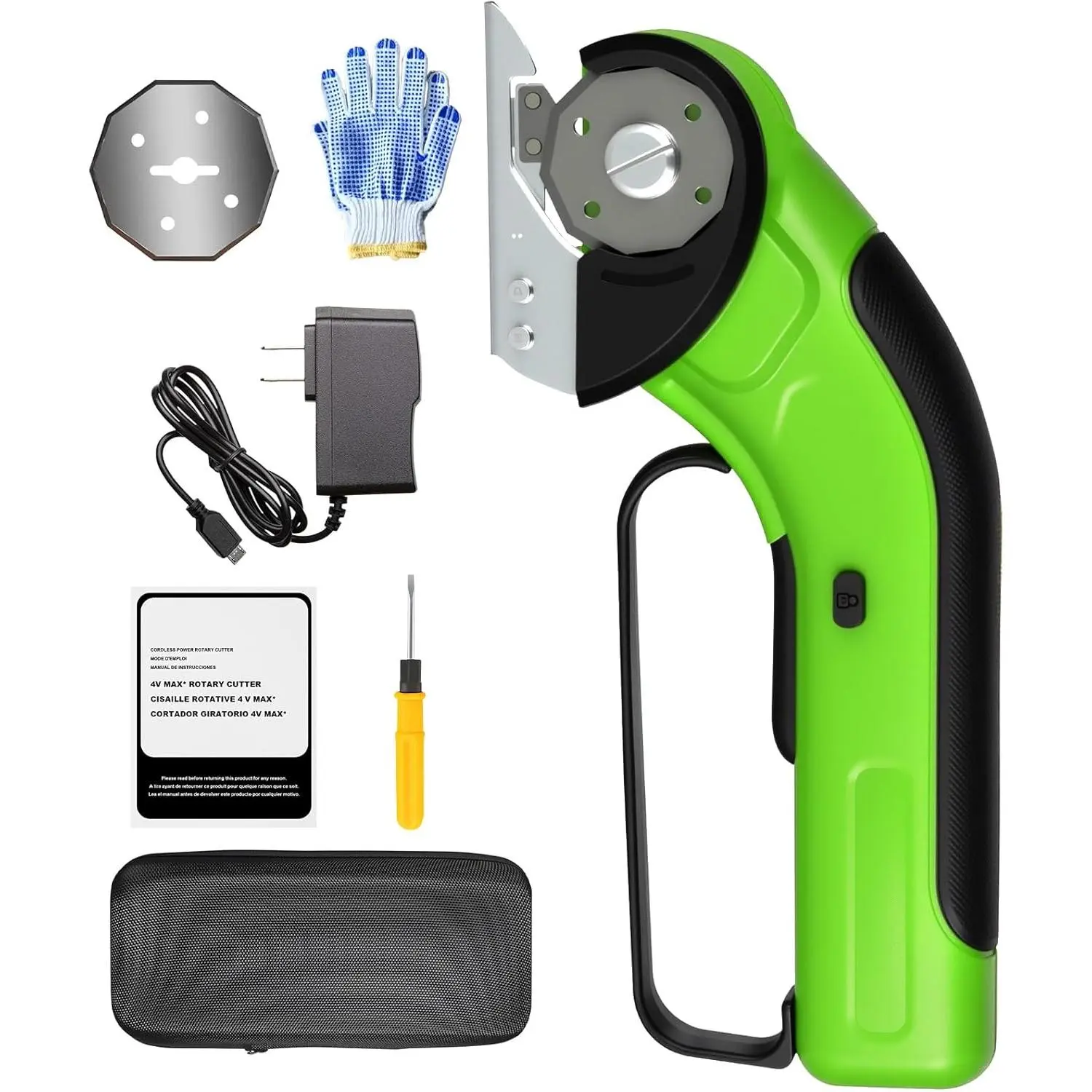 Electric Rotary Scissors, Cordless Power Cutter for Box Cutting, Plastic, Fabric, and Leather, Rechargeable 3.7V 2000mAh Tool with 2 Blades & Storage Bag (Green), Charging Cable, Cardboard Box Cutter, Utility Tool, Leather/Fabric, Rechargeable Tool