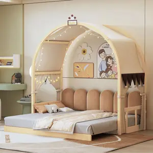 Twin Size Extended Bed With Arched Roof and Trundle Natural
