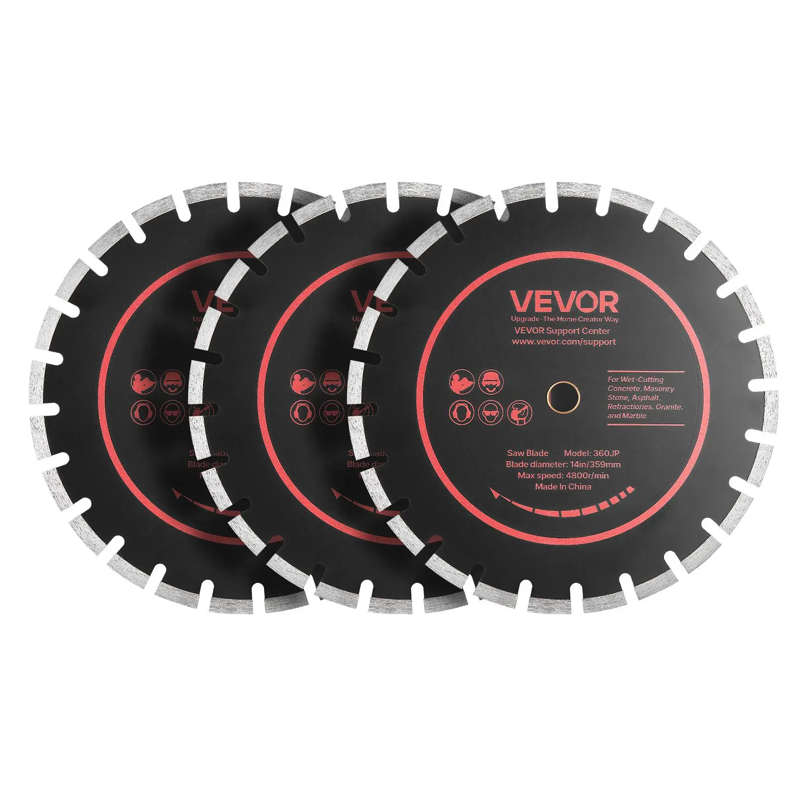VEVOR 3-Pack 14 in Diamond Cutting Discs, 1 in Arbor Mount, 0.13 In / 3.3 Mm Sturdy Diamond Edges, 65Mn Strong Steel Core, Copper Bushings, Universal Fit Dry/Wet Hand Tool Accessory for Concrete Cuts, Masonry, 14 Inch, Cutting Masonry
