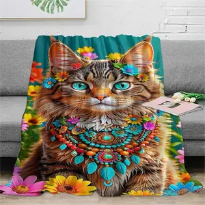 Folk Style Colorful Bead Cat Design Fleece Blanket, Soft Warm Throw for Air Conditioning Rooms, Cozy Nap Blanket for Home & Office