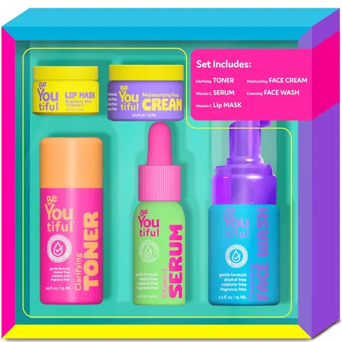 BeYoutiful Skin Care Gift Set, BFF Regimen 5-Piece kit for Sleepovers & Kids Skincare, Toner, Face Wash, Serum, Moisturizer Lotion & Lip Mask, Vegan, Cruelty-Free