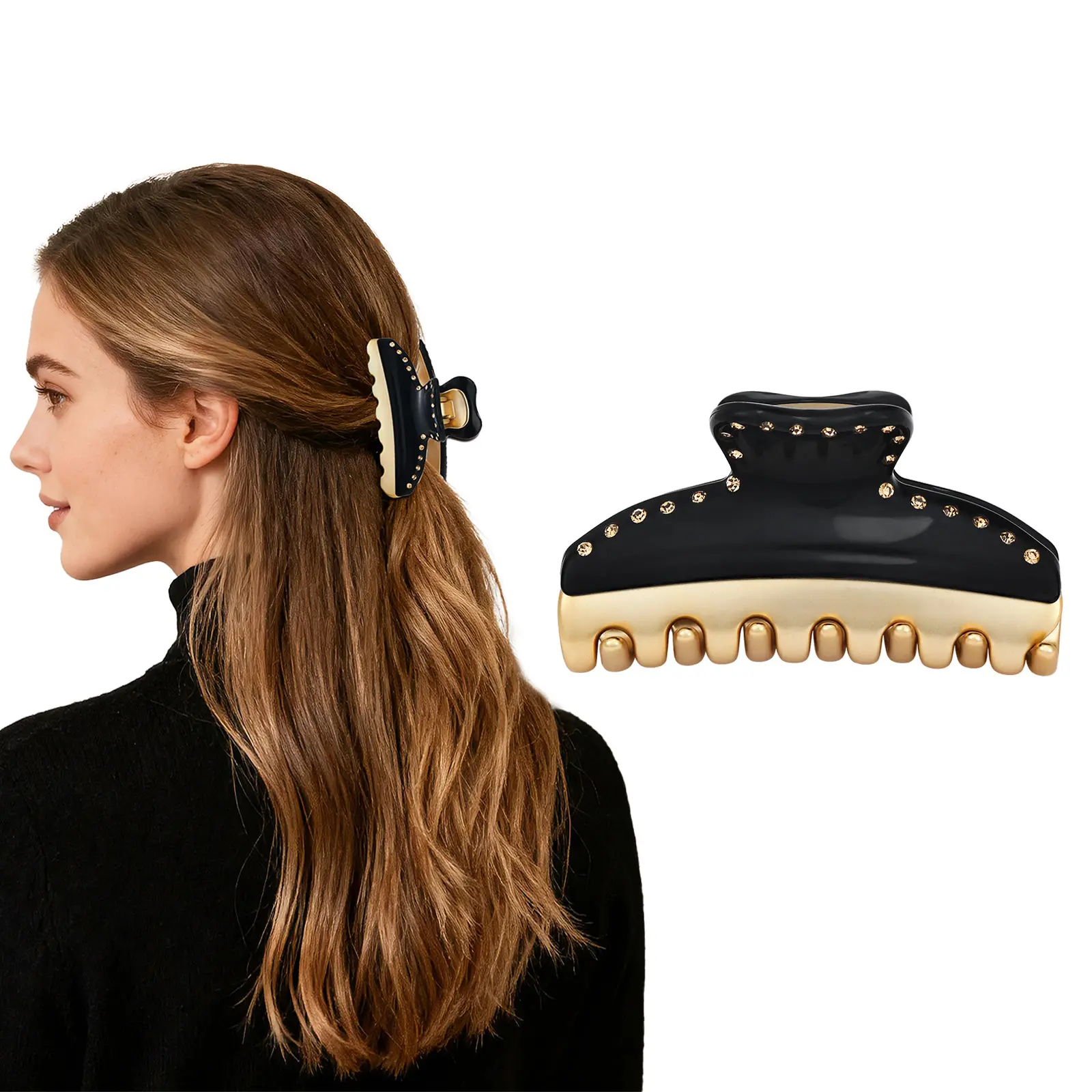 Premium Acetate Hair Claw Clip for Women – Non-Slip Gentle Hold, Gold-Tone Rhinestone Hair Accessory, Gift Box for Christmas and Holiday Gifting