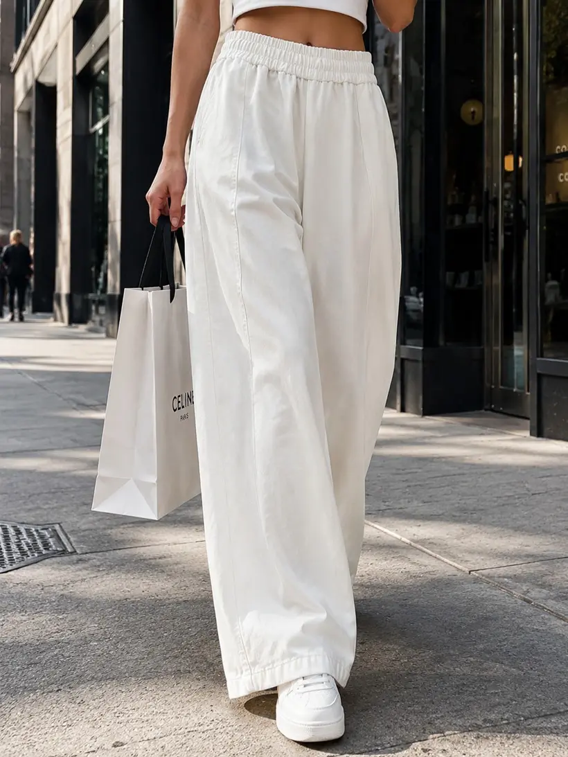 Women’s solid-color wide-leg pants with an elastic waistband, comfortable and breathable, stylish and versatile, suitable for all seasons—ideal for everyday casual wear, travel, and street style. Women’s pants, women’s bottoms. sohochic