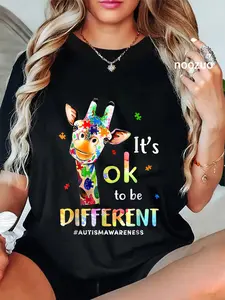 100% Cotton Unisex Autism Awareness Cute Giraffe Animal Its Ok To Be Different T-Shirt