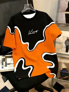 Men's Loose Round Neck T-Shirt, Abstract Wave Print, Y2K Street Style, Soft Breathable Fabric, Casual Daily Wear
