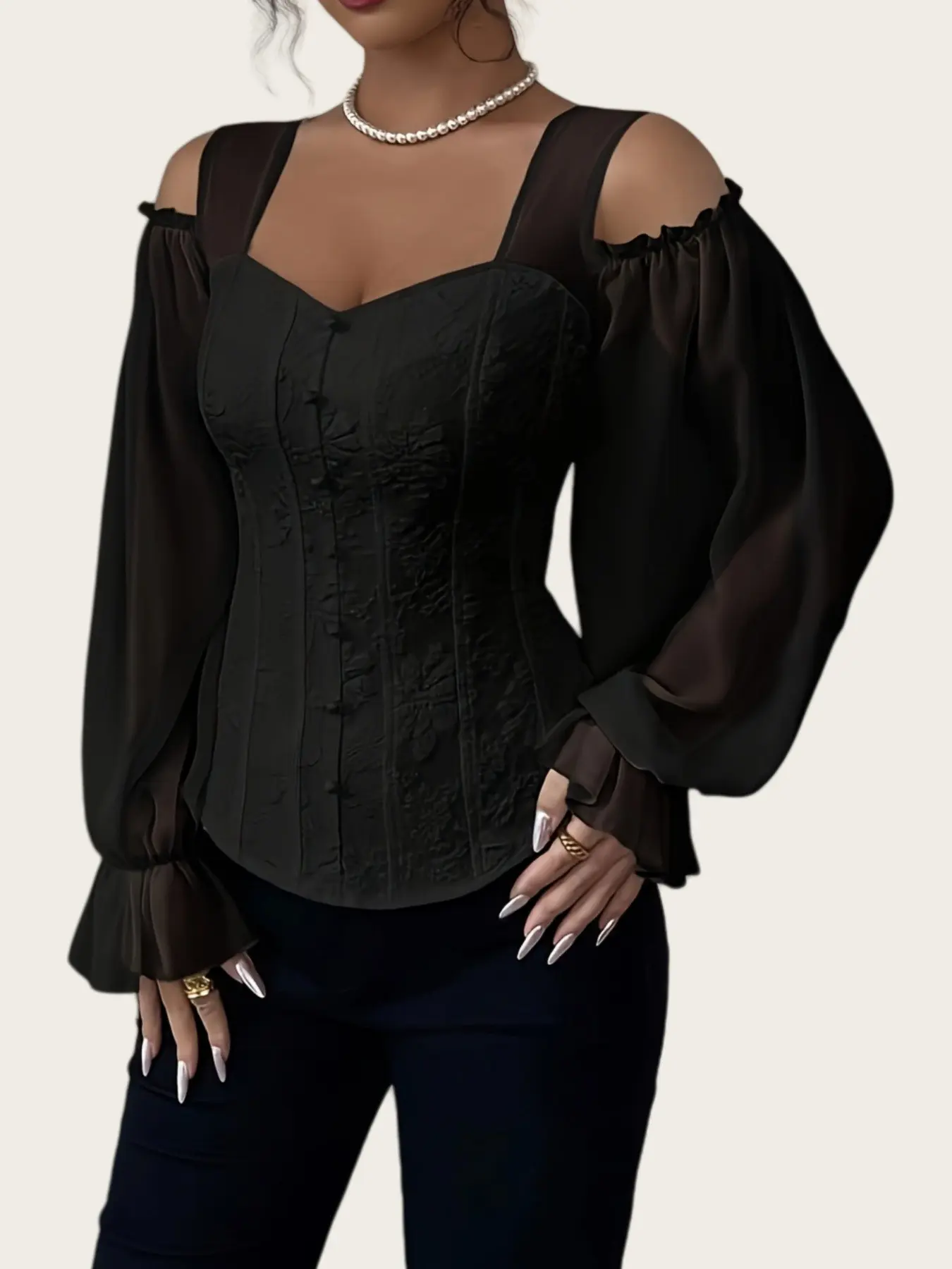 Women's Elegant Off-Shoulder Floral Jacquard Shirt Blouse Top, Square Neck Long Sleeve Slim Fit, 2026 Style Womenswear