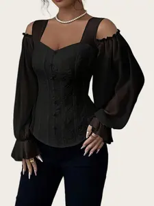 Women's Elegant Off-Shoulder Floral Jacquard Shirt Blouse Top, Square Neck Long Sleeve Slim Fit, 2026 Style