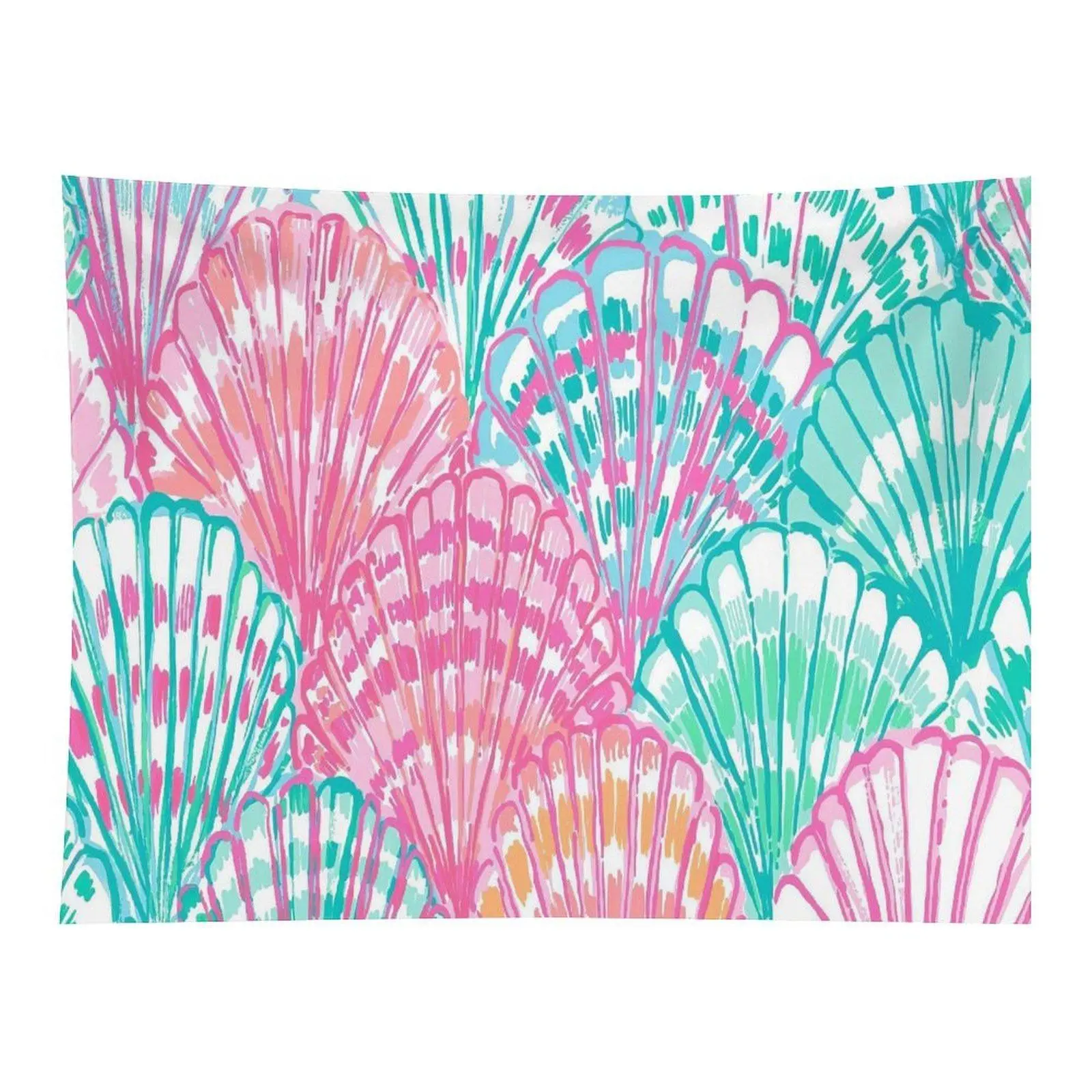 Colorful Seashell Pattern Wall Tapestry Bright Pink Teal Scallop Shell Tropical Beach Themed Art For Dorm Bedroom Living Space Wall Decor