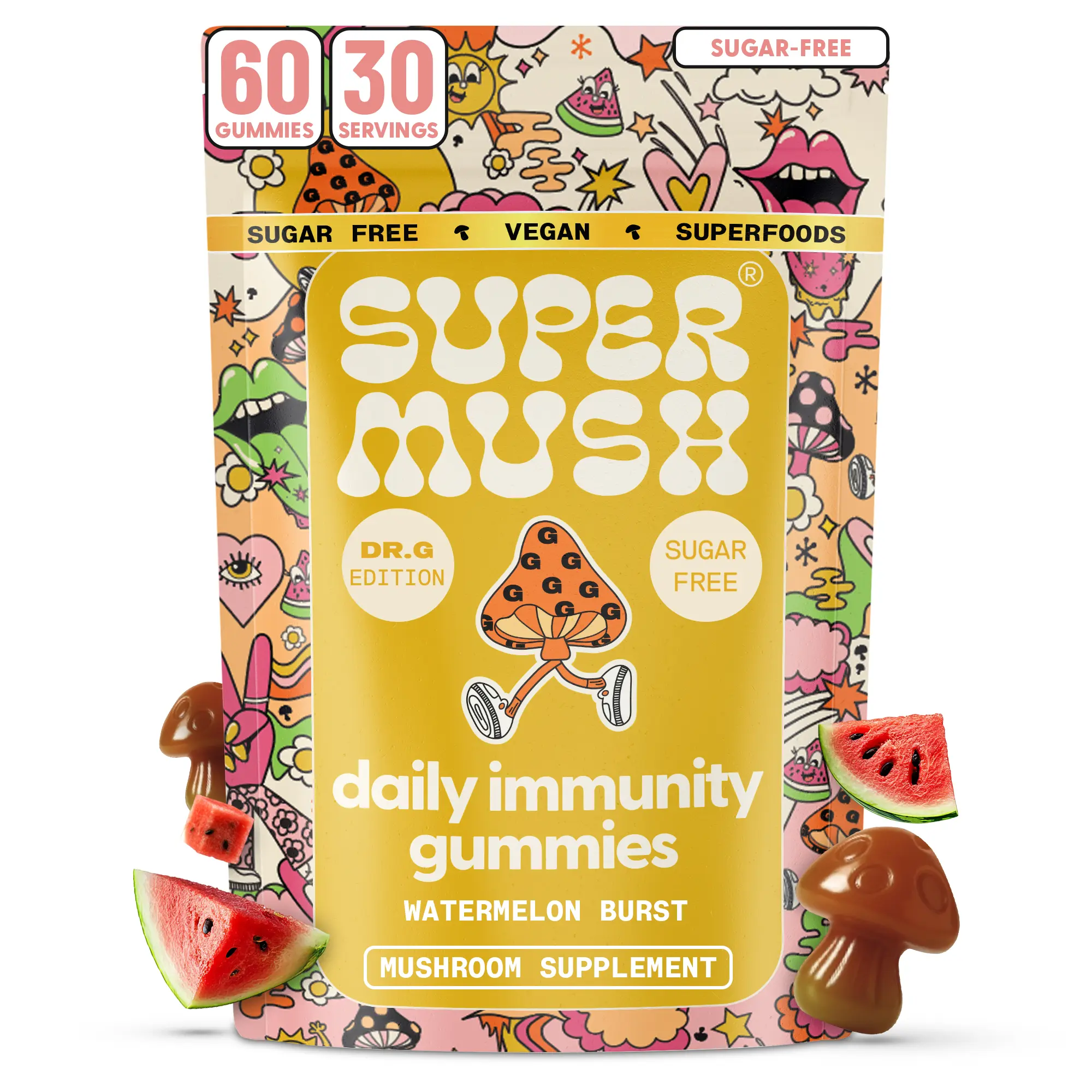 SuperMush Dr. G Daily Greens Immunity Gummies (60 Gummies Pack) - Lions Mane, Reishi, Chaga Mushrooms, Spirulina, Prebiotics & Vitamins for Immune System Support, Gut Health & Radiance - Sugar Free Mushroom Supplement