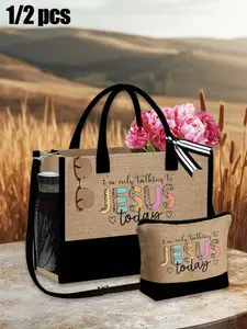 "Jesus Today" Letter Pattern Canvas Tote Bag, Tote Handbag, Believer Gift, Foldable and Portable with Shoulder Strap, Christian Large-Capacity Linen Tote Bag with Faith Over Fear, Includes Makeup Bag, Christian Style, Express Your Faith