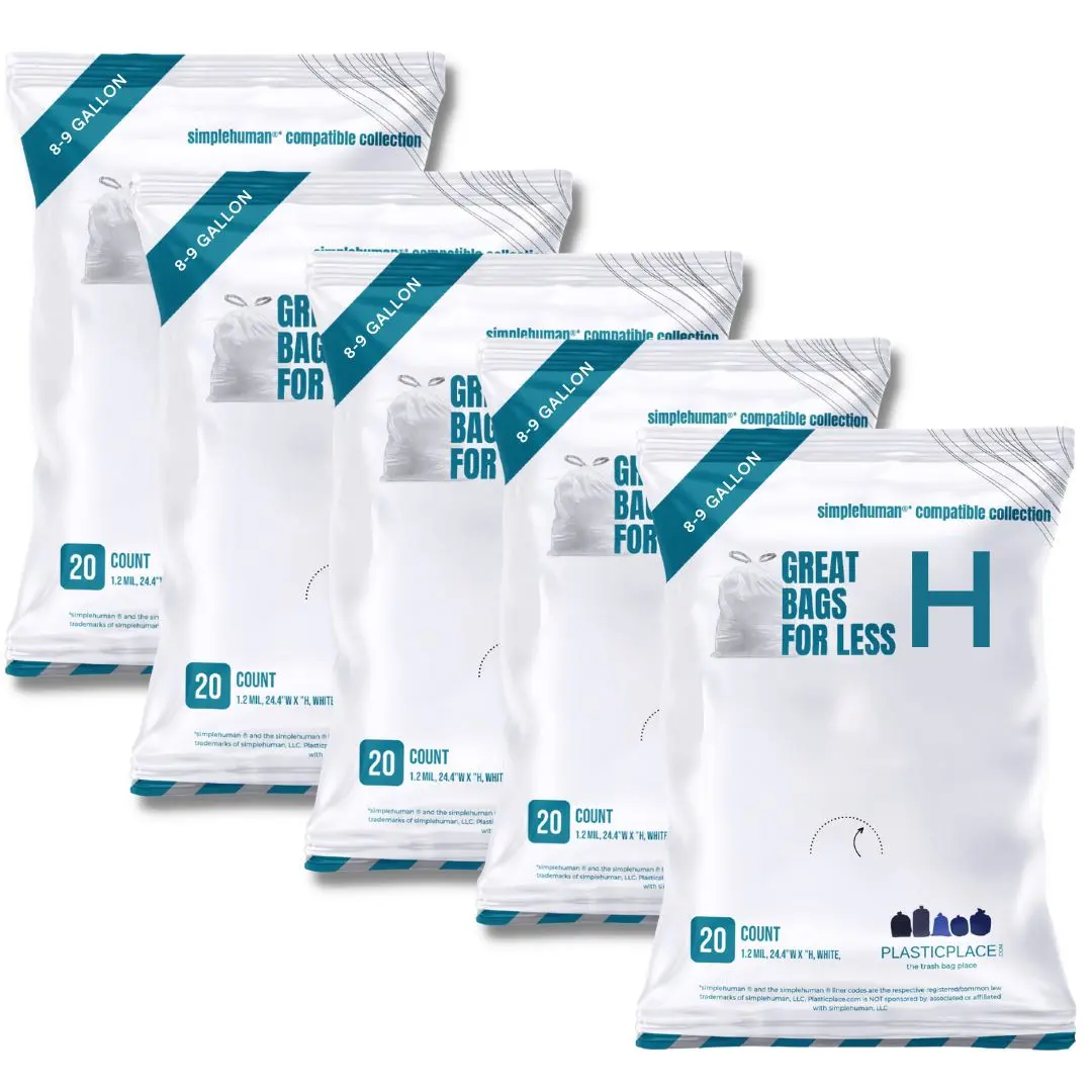 Simplehuman® Compatible Code H Unscented Leakproof Plastic Drawstring Trash Bags, 8-9 Gal, 100-Count Bulk Pack for Households