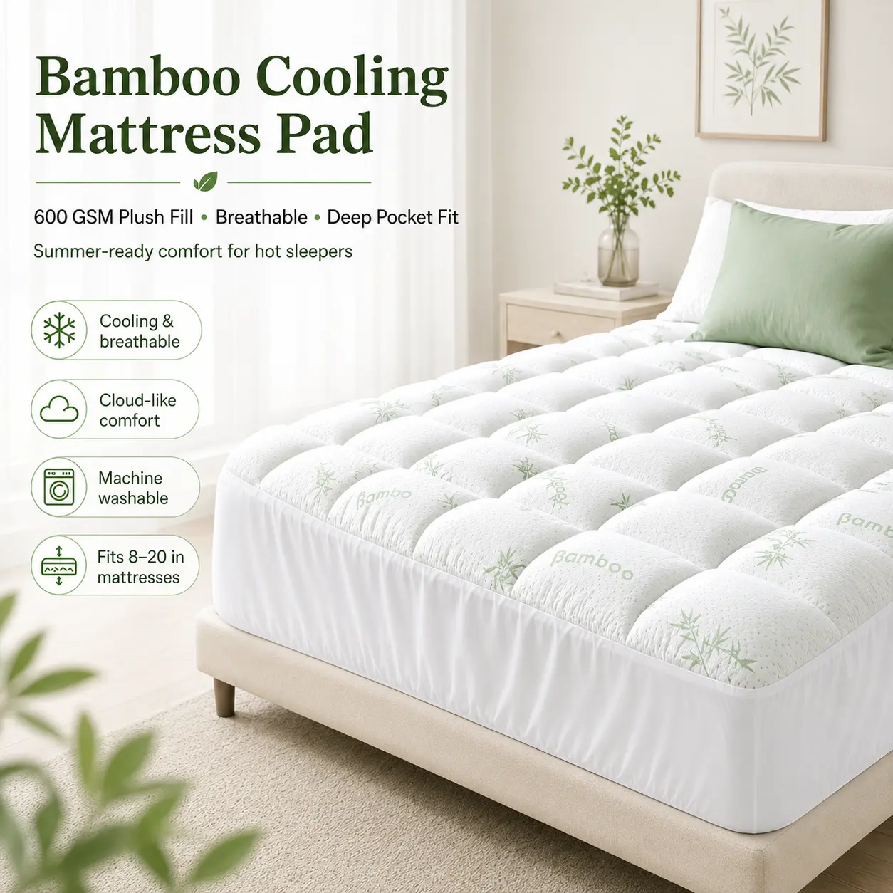 Bamboo Cooling Mattress Pad Cover, 600GSM Extra Thick Quilted Pillow Top Topper, Deep Pocket Fitted, Cooling for Hot Sleepers