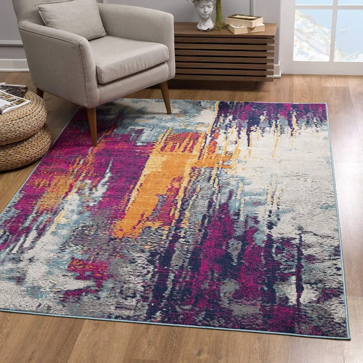 212 MAIN Modern Low-Pile Abstract Print Rectangle Area Rug (Abstract Rugs), 8x11 ft Gray & Magenta, Heavy Traffic-Friendly, Stain-Resistant Household Textile Carpet