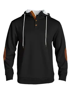 Men's autumn and winter outdoor leisure hoodie, autumn and winter solid color long sleeve sweater with brown patches on the elbows, loose and warm top for outfit, suitable for outdoor sports, travel, Casual Hooded Sweatshirt, Casual Loose Sweatshirt