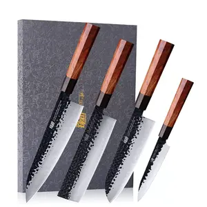 FINDKING 4Pcs Kitchen Chef Knife set, Gyuto Chef Nakiri Santoku Utility Knife, Japanese Clad Steel Knife, Professional Kitchen Knives, African Rosewood Octagonal Handle, Dynasty Series, Cutting for Fish, Meat,Vegetable,Fruit