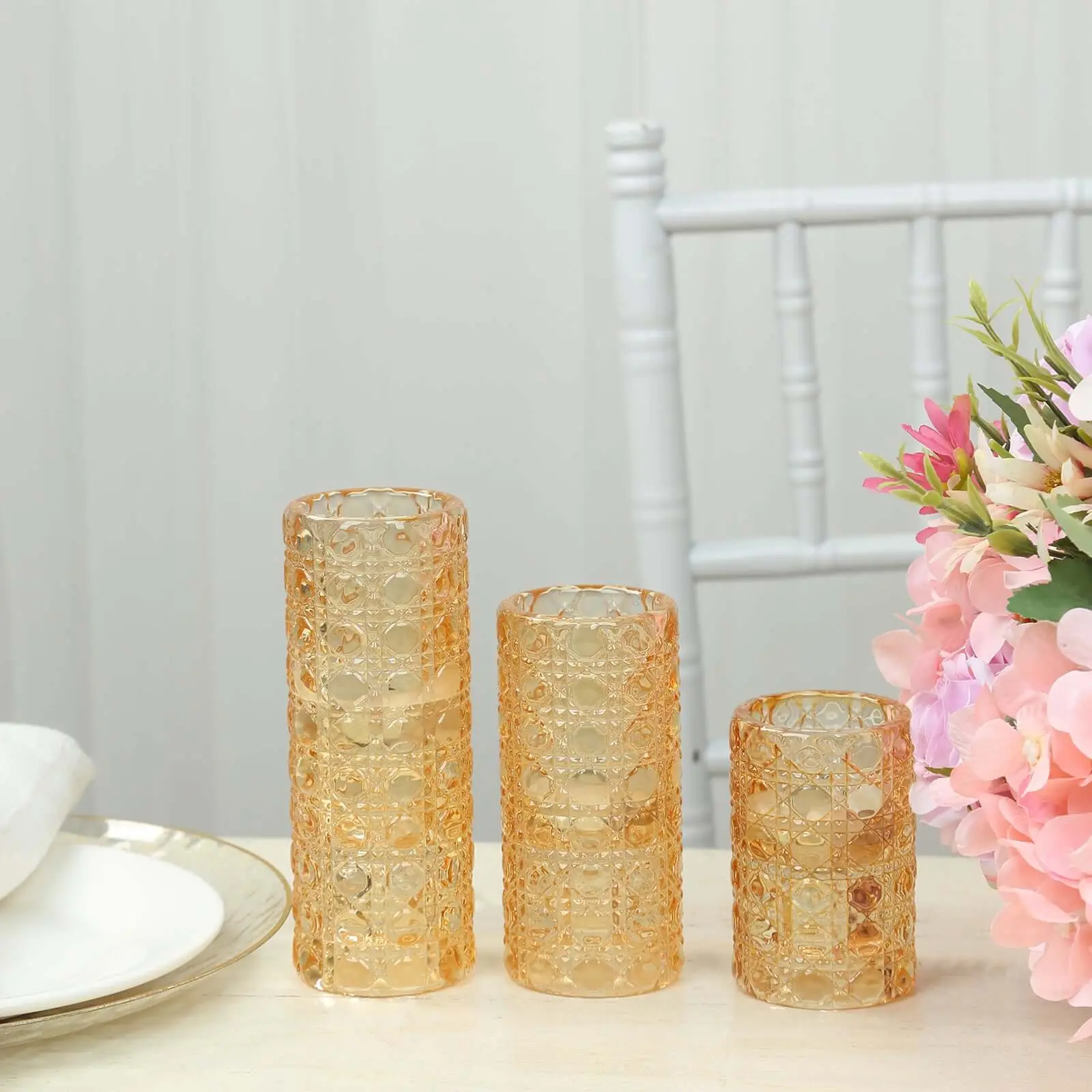 3-Piece Patterned Amber Gold Glass Taper Candle Holders (3in, 4in, 5.5in) - Dual-Sides Crystal Cylinder Tealight Stands, Candle Holders for Candlesticks, Home Decor for Engagement, Window, Shabbat
