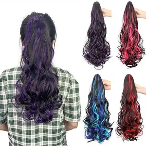 Synthetic 20Inch Long Curly Ponytail Claw Clip in Hair Extension Mixed Red Purple Hairpiece for Women