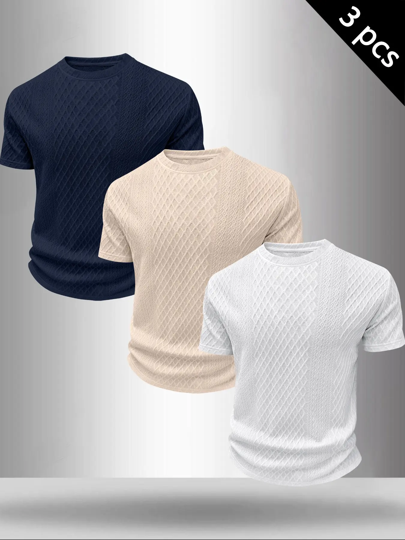 Men's 3-Pack Solid Color Diamond Textured Long Fitted Crew Neck T-Shirts, Casual Slim Fit Short Sleeve Tops, Breathable Knitted Tees #3PackTees #SolidColorTees #TexturedTShirt #EverydayEssentials #TikTokMadeMeBuyIt