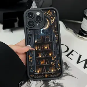 Creative Moon Bookshelf Pattern TPU Phone Case for iPhone 17 16 15 14 Pro Max 13 12 11 XR XS Plus E Shockproof Drop Protection Rugged Durable Silicone Cover Non-Slip Design Full Body Protection