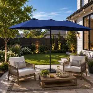 Yaheetech 15/13ft Heavy Duty Canopy Double Layer Cloth Patio Umbrella with 12 Ribs Hand Crank for Easy Opening 2 Sandbags Outdoor Design for Garden Pool and Lawn