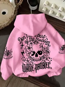 Floral Halloween Skull Hoodie, Sweatshirts, Loose-Fit Korean Style Pullover, Fall & Winter Thick Fabric, Multiple Colors Available, Womenswear