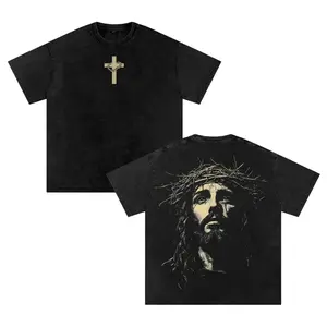 Men's Classic Soft Seamless Cotton Shortsleeve T-Shirt, Oversized Washed Menswear with Jesus Crown of Thorns Print, Christian Easter Graphic Top, Gym Pump Cover, Hoodie Option