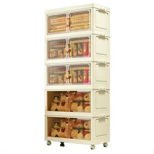 Folding 5 Tier Plastic Storage Bins with Wheels - Stackable Collapsible Storage Containers & Organizers for Daily Use