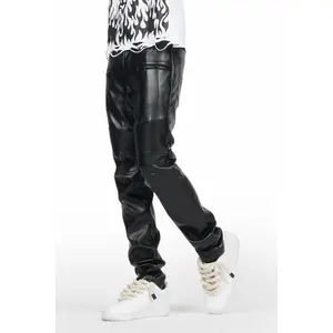 Richh Black PU Biker Jean