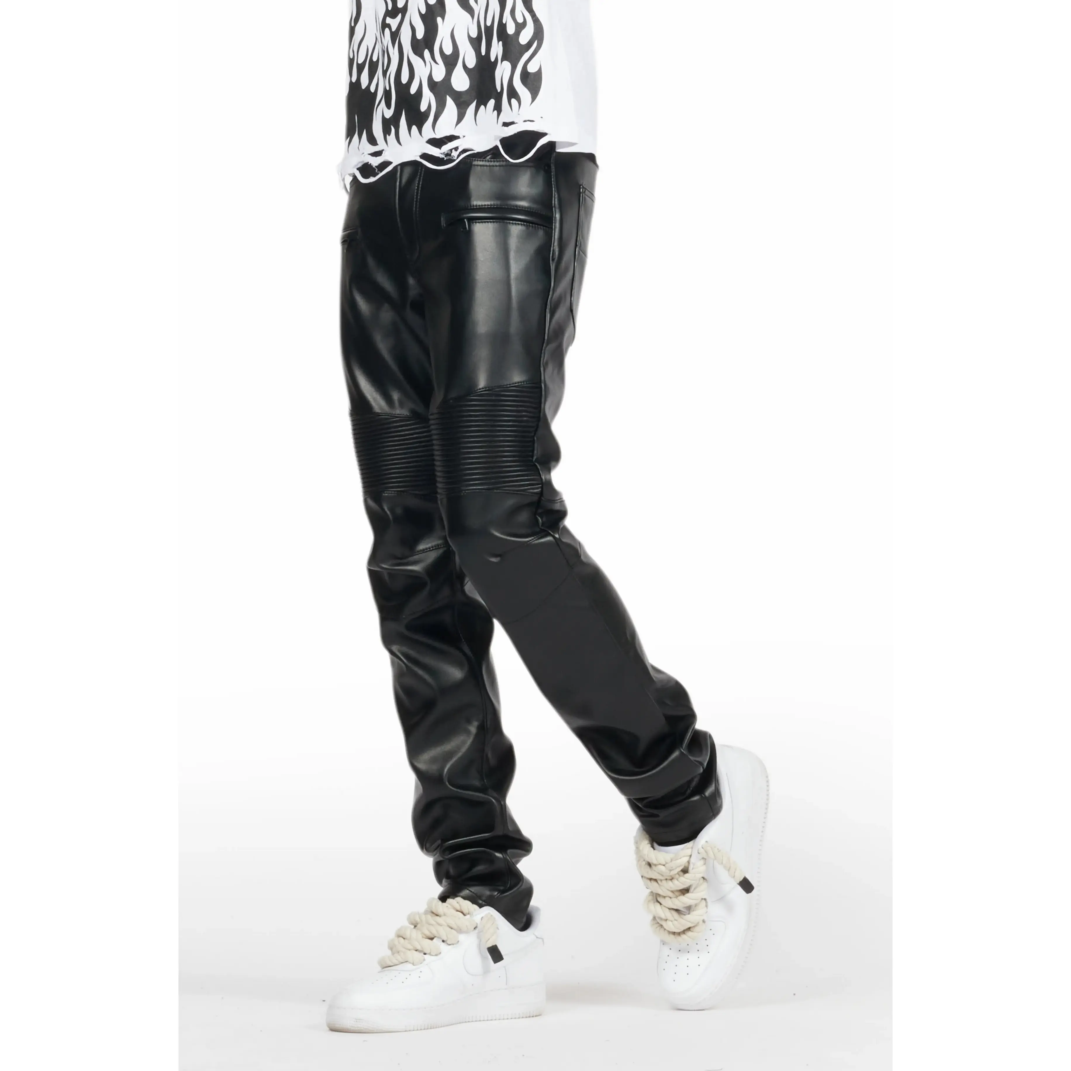 Richh Black PU Biker Jean