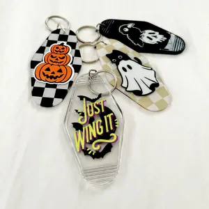 Spooky Motel Keychains - Ghosts, Pumpkins & Spooky Aesthetic - Classic Motel Key Tag Shape - Lightweight Portable Halloween Accessories - Perfect for Fans of Spooky Decor & Gothic Style Lovers