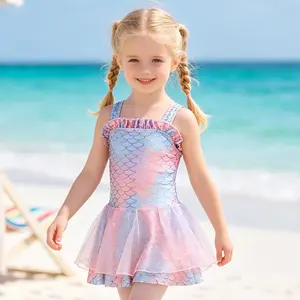Toddler Girls Rainbow Mermaid Tutu One Piece Swimsuit with Free Matching Swim Cap, Kids Scale Print Bathing Suit for Beach Pool Party