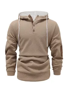 Men's solid color hoodie with texture, basic spliced color elbow patch design casual long sleeve top, men's autumn and winter hoodie, mens clothing, sports apparel.