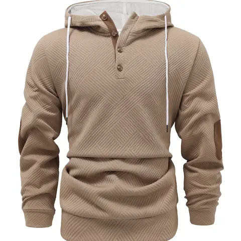 Men's solid color hoodie with texture, basic spliced color elbow patch design casual long sleeve top, men's autumn and winter hoodie, mens clothing, sports apparel.