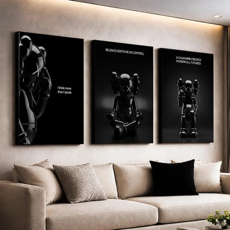 KAWS 3-Piece Black Glossy Artistic Photo Prints - Unframed, 27x40 Inches, Unique Room Decor, Boujee Home Accessories, Home Decor Items, Hypebeast Statement Wall Art for Bedrooms, Ideal Gifts