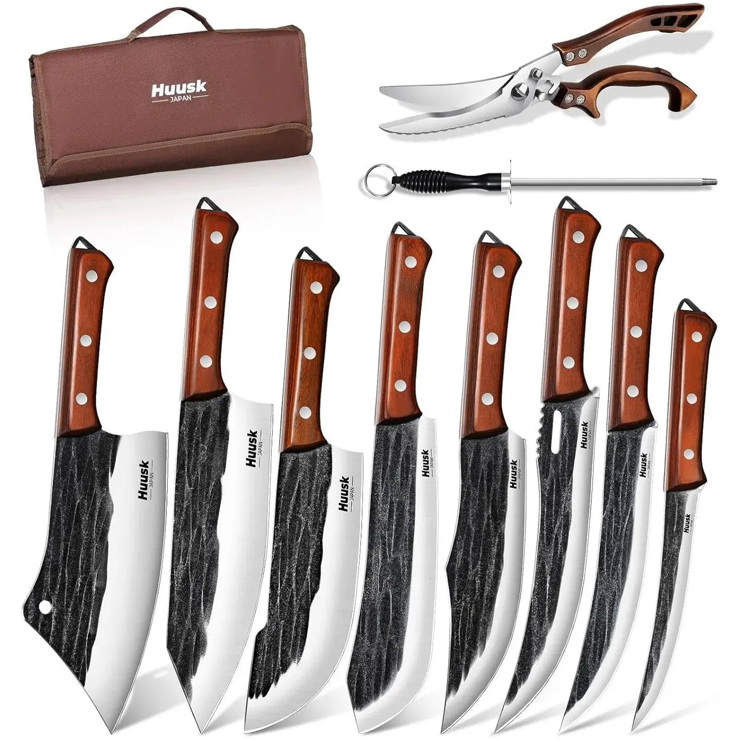 Huusk Kitchen Knife Set, 10-Piece Hand Forged Chef Knife Set with Bag, Sharp Meat Cleaver & Bbq Carving Knives & Boning Breaking Knives for Kitchen, Fathers Day Gift for Men