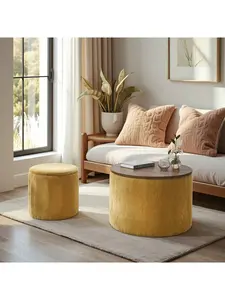 Chenier 2-piece Round Stool Drum shaped Storage Stool+MDF Desktop Stackable Storage Living Room/Bedroom Tea Table Stool