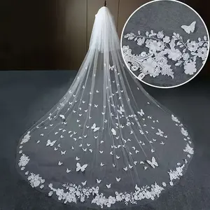 Elegant Animal-Themed Bridal Veil with Comb, Fashion Double Layer Cathedral Length 137.8inch, Soft Yarn Polyester with Positioning Lace Butterfly Print