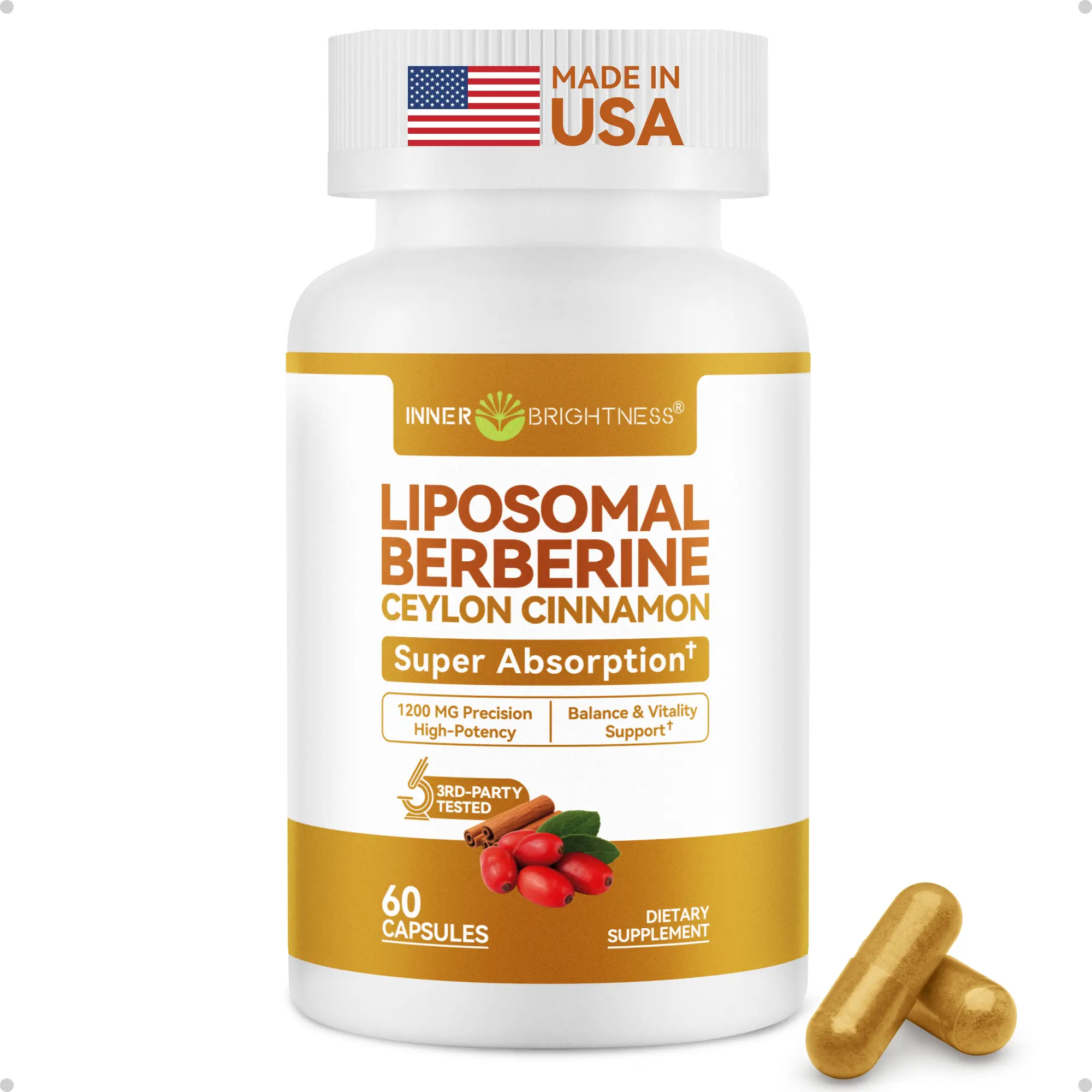 Liposomal Berberine with Ceylon Cinnamon 1200MG, INNER BRIGHTNESS High-Absorption Berberine Supplement, Natural Balance Support - Non-GMO, 60 Veg Capsules, Made in USA, 3rd-party Tested Fitness Glucose Handling