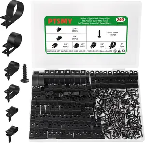 Cable Clips for Cable Management Cord Organizer, 6 Sizes 290 PCS Nylon R-Type, 3/16'' 1/4'' 3/8'' 1/2'' 3/4'' 1'' Black Plastic Screw Mounting Cord Fastener Clamp Assortment Kit with M4 Screws (Black,White)
