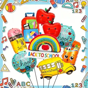10-Piece Back-To-School Aluminum Foil Balloon Set, Includes Pencil, Rainbow Ruler, Big Apple, Backpack, Bus Shapes, Party Decorations