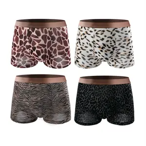 [4pcs / Pack]Men's Leopard Print Ice Silk Cooling Boxers,Stylish and Breathable Men Undergarment for Summer,Stretchy, Soft,Regular fit Underwear