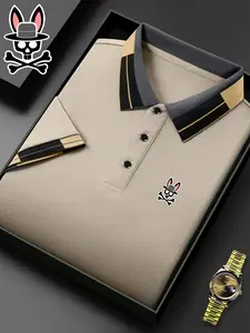 Men's Skull Rabbit Print Polo Shirt, Elastic Casual Breathable Four Seasons Wear, Comfortable Durable High-End Fitted Blouse