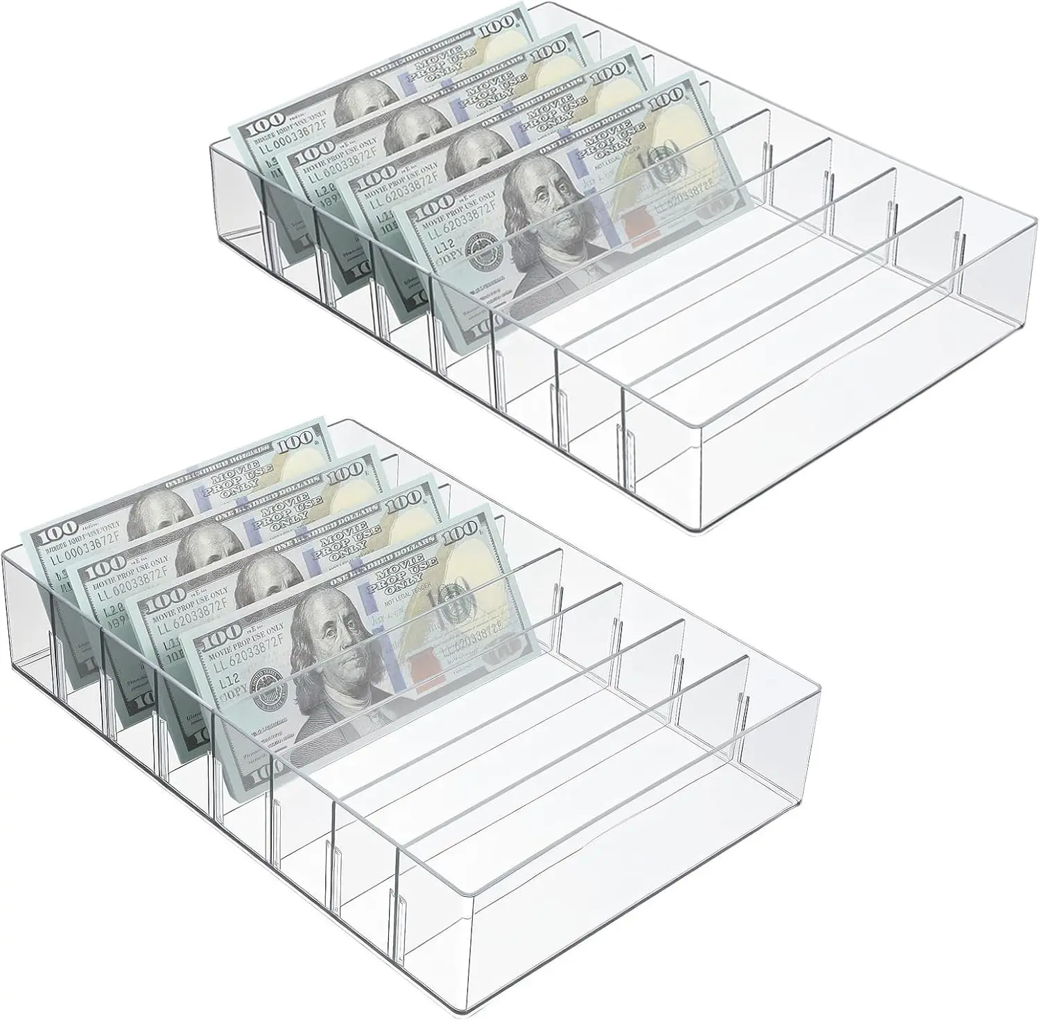 2 Packs Clear Plastic Desktop Mail Organizer Cash Tray, 8 Slots File Divider Holder for Paper Envelope Document Money Eyeshadow Makeup Palette