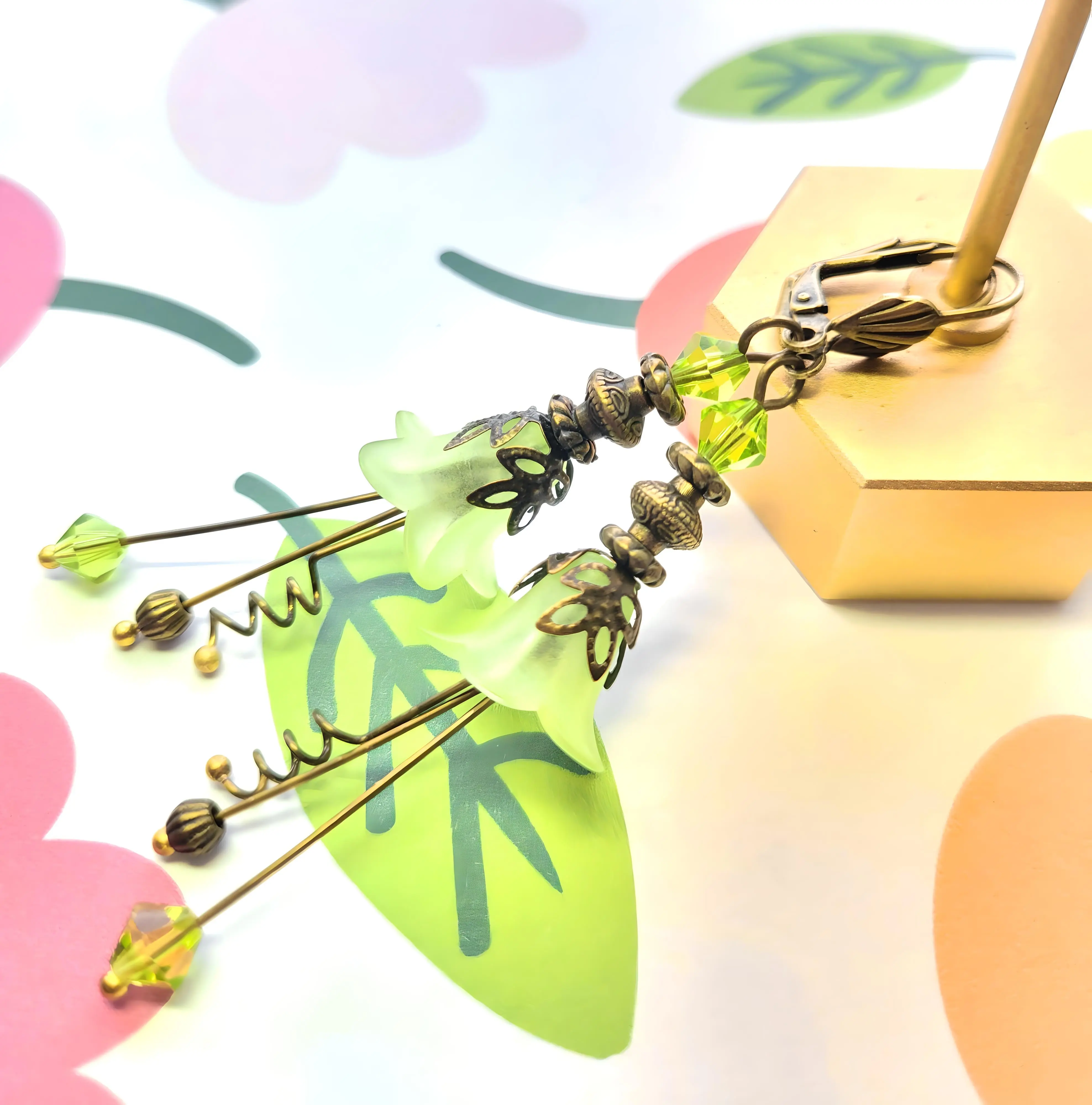 Chic Brico Vintage Victorian Style Peridot Green and Antique Bronze Bell Flower Lucite Earrings