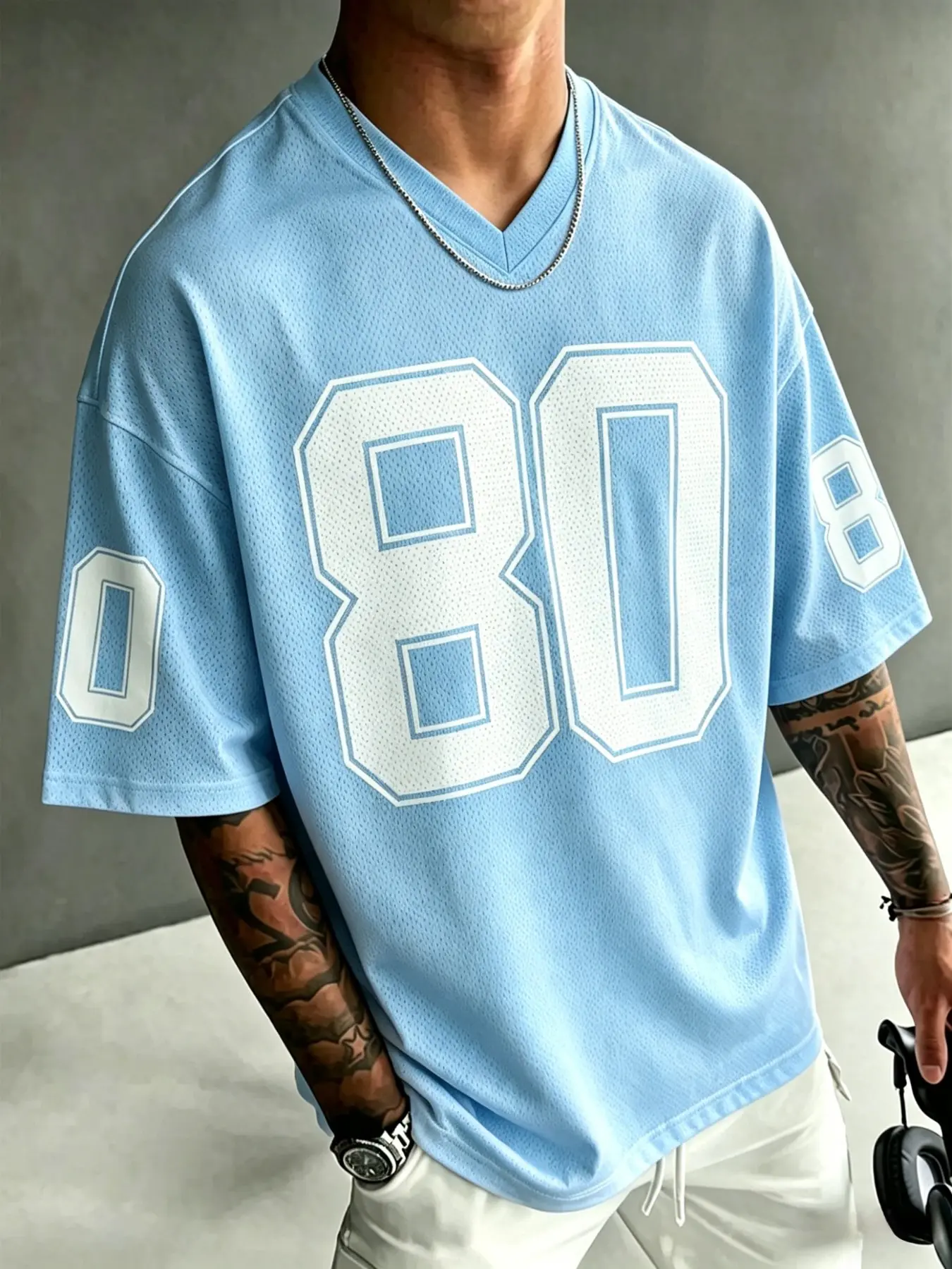 Men's American Vintage Sporty T-Shirt, Comfortable Breathable Mesh Fabric, 80 Number Print V-Neck, Casual Streetwear Light Blue Top, Athletic Activewear, casual sports tops, Fitness Shirts