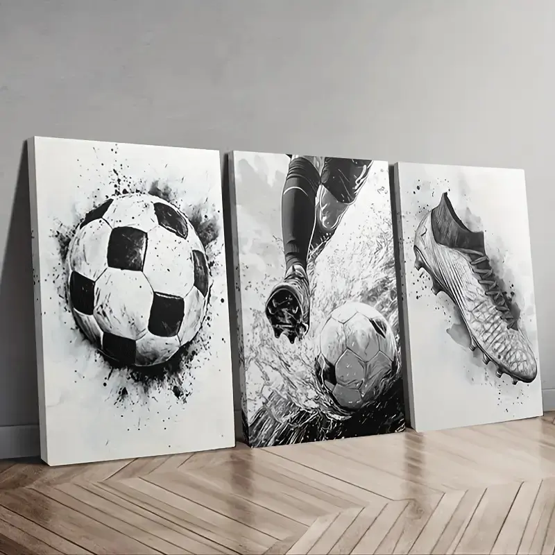 [2D] 3-Piece Wooden Frame / Frameless Canvas Art Set, Graphic Prints – Black and White Football Theme, Dynamic Soccer Painting, Modern Minimalist Sports Decor, Ideal for Living Room, Men's Private Space, or Game Room – Ready to Hang, Size 30x40 cm