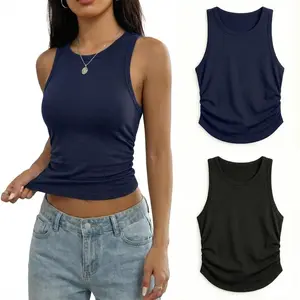 Styleani Women’s 2-Pack Crew Neck Sleeveless Ribbed Tank Top Basic Seamless w/ Side Ruching – Stretch Athletic top for Tennis, Pickleball, Yoga & Everyday Essentials