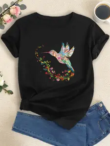 Colorful Hummingbird Illustration Print T-shirt, Short Sleeve Crew Neck Casual Top for Summer & Spring, Women's Clothing