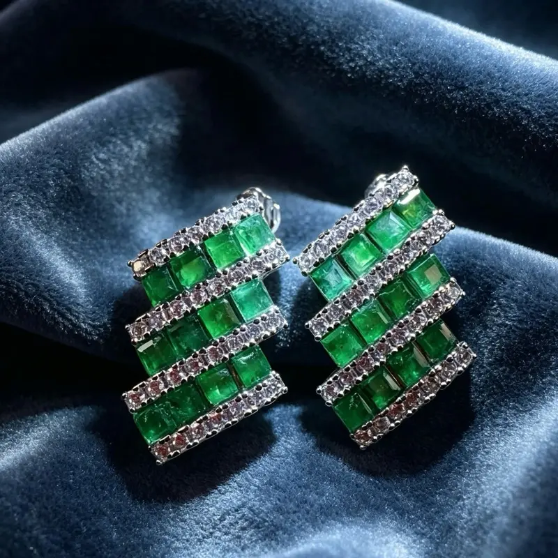 Emerald earrings ——925 Sterling Silver Earrings featuring three rows of small square-cut natural Colombian emeralds. Elegant, vibrant green sparkle in a modern geometric design