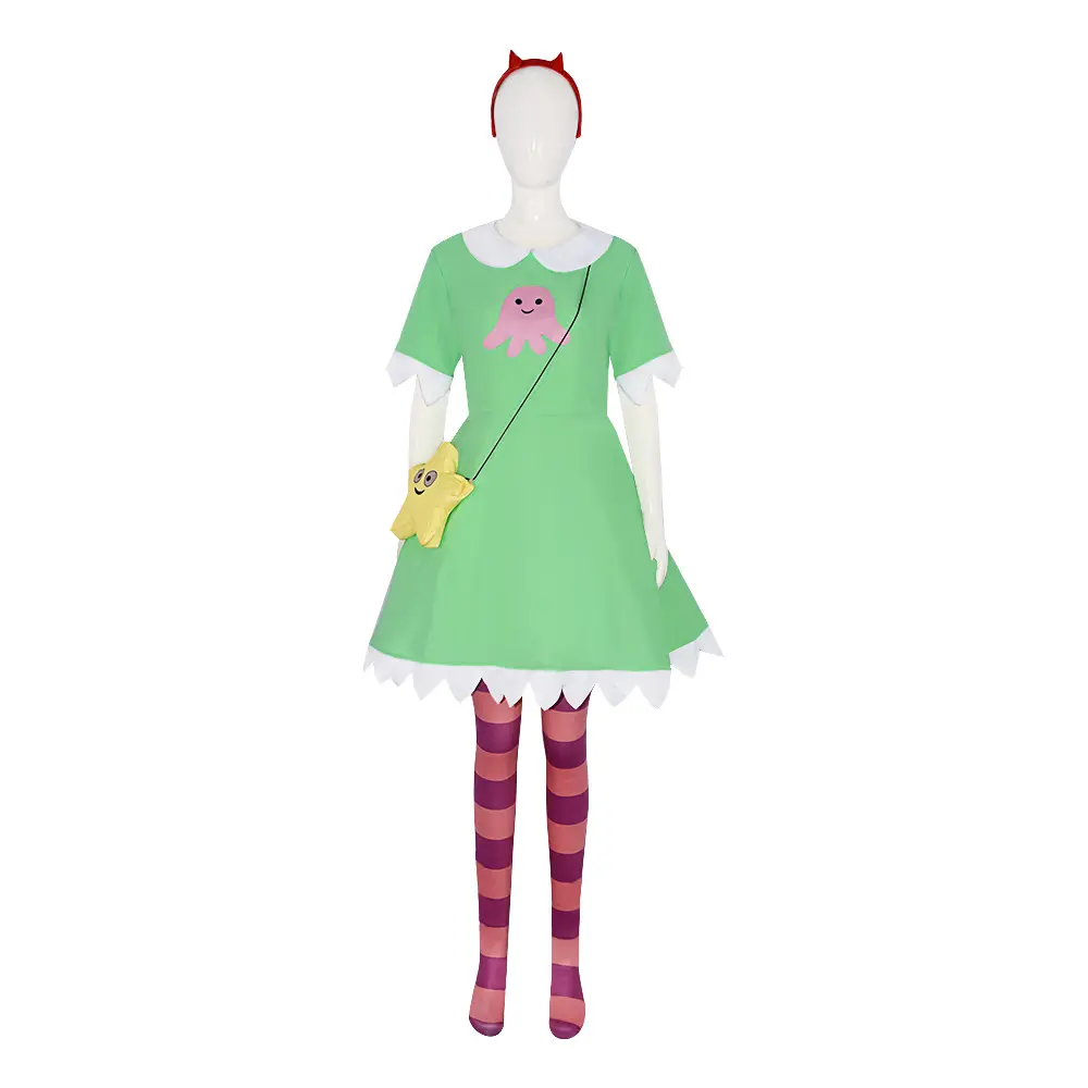 Star Butterfly Cosplay Costume Set Light Green Dress Yellow Star Bag Headwear Pantyhose for Comic Con
